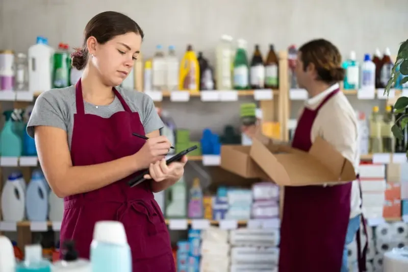Empleadas de un negocio de artículos de limpieza controlando el stock